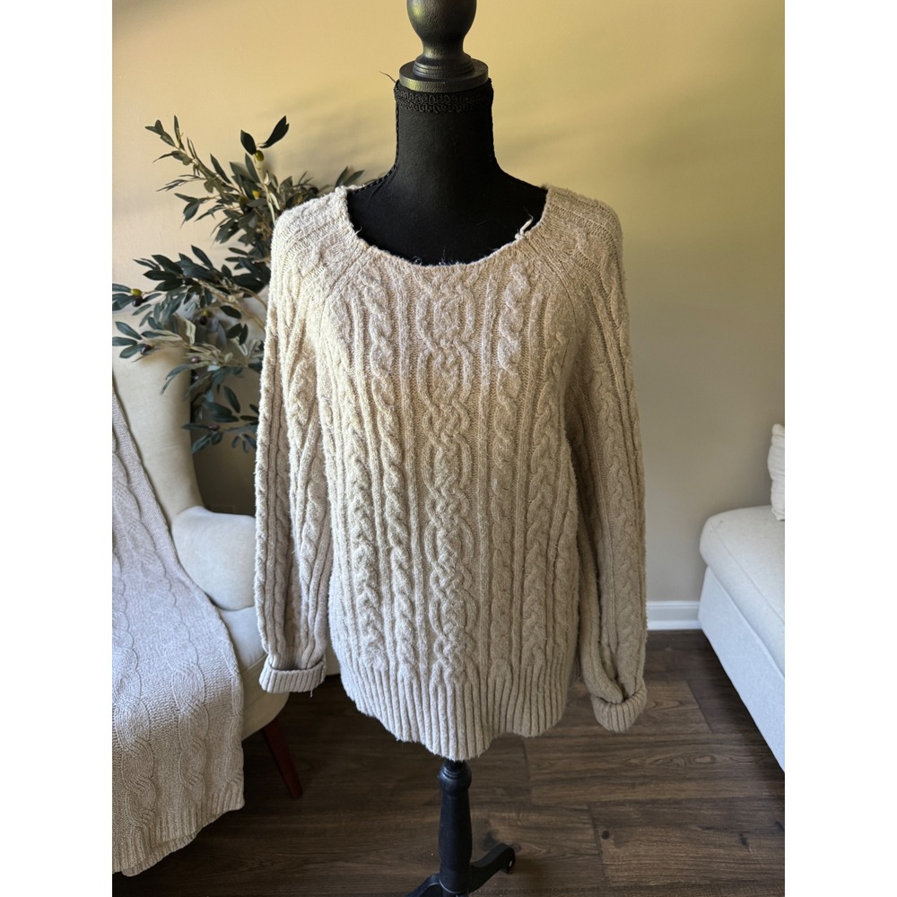 Rachel Zoe Womens Beige Cable Knit Scoop Neck Pullover Sweater Size Large